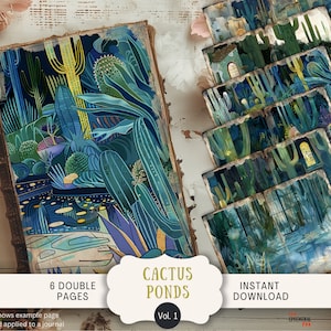 Páginas de diario basura de Cactus Pond, 6 páginas de álbum de recortes digitales de 11 x 8,5 pulgadas, diario imprimible con arte, efímeras, cactus y jardines suculentos, vintage