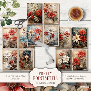 Cartes de journal pointettia, 12 cartes numériques de journal indésirable, journal imprimable éphémère, fleurs vintage artisanat en papier, fleurs victoriennes, rouge