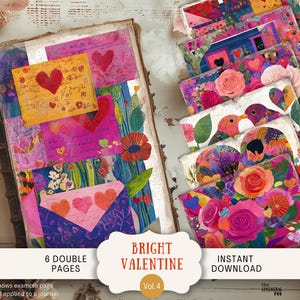 Páginas de diario Bright Junk, 6 papeles para álbumes de recortes digitales, 11 x 8,5 pulgadas, para imprimir en papel, estilo retro, bohemio, neón, letras de amor, estilo retro, rosa, romántico, rústico, BRVA