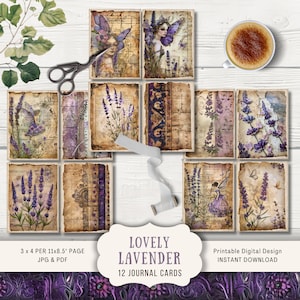 Cartes de journal lavande, 12 cartes numériques de journal indésirable, journal imprimable éphémère, fleurs vintage artisanat en papier, fleurs victoriennes violettes