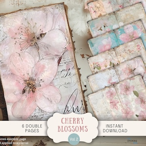 Páginas de diário de sucata de flor de cerejeira, 6 páginas de álbum de recortes digital, 11 x 8,5" Art Printable Journal Ephemera, papel digital floral vintage