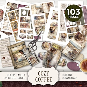 Gemütliches Kaffee Junk Journal Ephemera Kit- Tags Tickets Umschläge ATC Karten Etiketten Scraps Rahmen Schnipsel,