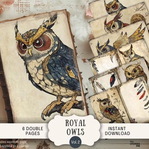 Hibou lunatique royal Junk Journal Pages 6 papiers de scrapbooking numérique 11 x 8,5" Art imprimable vintage steampunk mécanique guerrier guerrier OMS5
