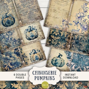 May include: Six double-sided digital paper pages featuring a blue and white chinoiserie pattern with pumpkins. The text "Chinoiserie Pumpkins Vol. 4" is at the bottom of the image.