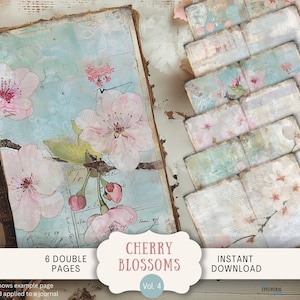 Páginas de diário de sucata de flor de cerejeira, 6 páginas de álbum de recortes digital, 11 x 8,5" Art Printable Journal Ephemera, papel digital floral vintage
