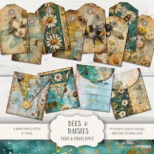 Gänseblümchen & Bienen Junk Journal Ephemera Tags und Umschläge, 4 Digital Junk Journal Printable Papier Handwerk Umschläge, 8 Tags, blaugrün Gänseblümchen und Biene