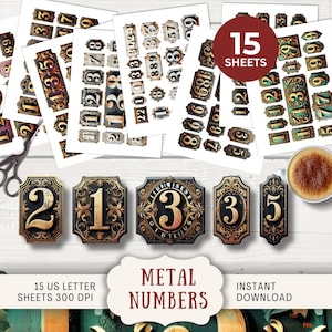 Números de metal vitorianos Junk Journal Colagem para impressão, etiquetas de números de itens efêmeros vintage, placas de pátina envelhecida, numeral rústico MTNB