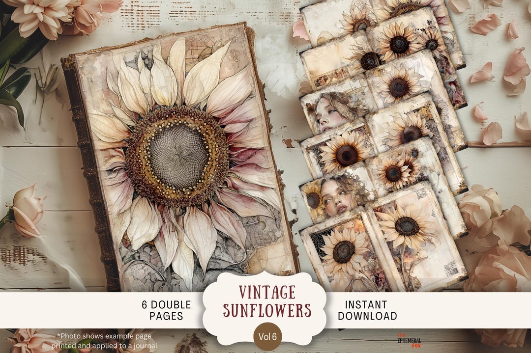 Vintage Sunflower Junk Journal Pages 6 Digital Scrapbook Papers ...