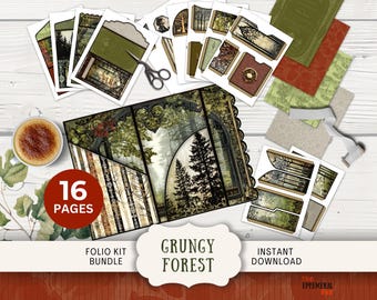 Grungy Forest Junk Journal Folio Kit, 16 Digital Mix and Match Pages & Pockets, Printable trifold vintage moody gothic dark trees GRFR