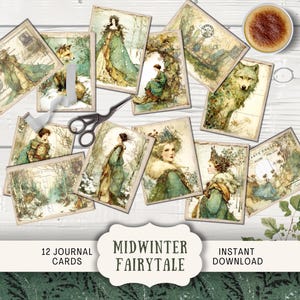 Può includere: Una collezione di 12 biglietti da diario con illustrazioni vintage di scene e figure invernali nei toni del verde e del crema. Le carte sono disposte su una superficie di legno bianco con una tazza di caffè e forbici.