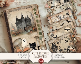Könnte beinhalten: Ein Vintage-Halloween-Themen-Journal- und Ephemera-Set. Das Journal-Cover zeigt eine Illustration eines Spukhauses mit einer schwarzen Katze, Geistern und Pilzen. Das Set enthält sechs Doppelseiten und ist sofort zum Download verfügbar. Der Stil ist Cottagecore.
