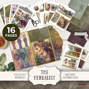 May include: A collection of vintage-style paper ephemera, including botanical illustrations, portraits, and decorative elements. The kit includes 16 pages of printable designs, with the title "The Herbalist" and the words "Folio Kit Bundle" and "Instant Download".