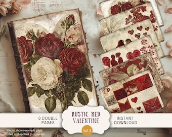 May include: Six double-sided printable pages featuring vintage-style illustrations of red roses, hearts, and other romantic imagery. The pages are designed for use in scrapbooking, journaling, or other paper crafts. The text on the image reads "Rustic Red Valentine Vol. 3".