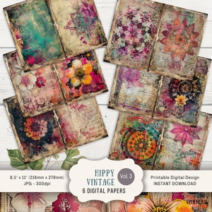 Páginas de diario basura hippie vintage, 6 páginas de álbum de recortes digitales de 11 x 8,5 pulgadas, papel efímero para manualidades, estilo hippie retro, fresco y vibrante de los años 60