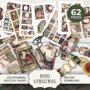 May include: A collection of Christmas-themed ephemera, including tags, labels, and decorative paper cutouts. The design features vintage illustrations of Santa Claus, reindeer, and winter scenes. The words "Boho Christmas" and "Instant Download" are visible.