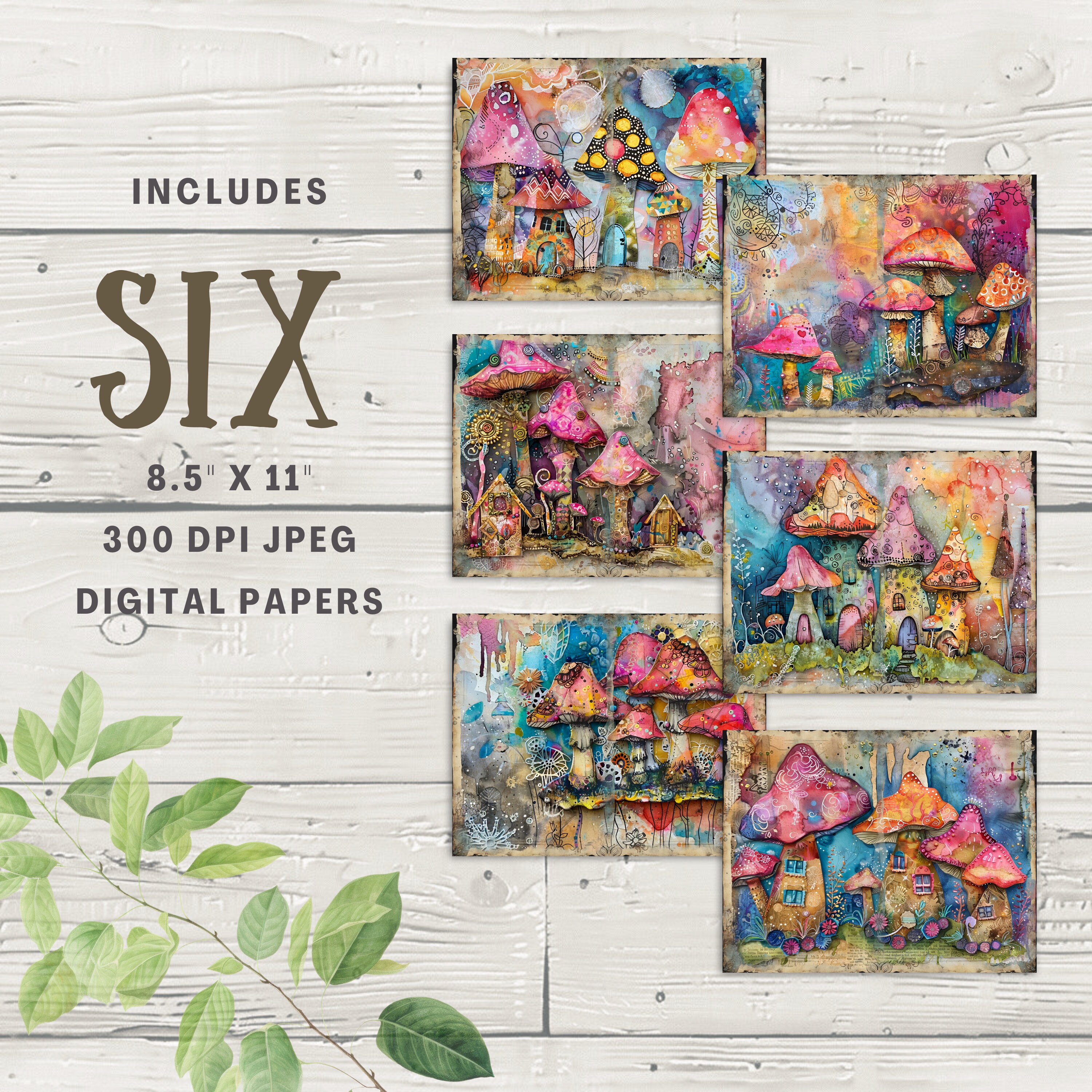 Hippie Mushroom Junk Journal Pages, 6 Digital Scrapbook