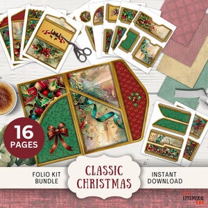 Classic Christmas Junk Journal Folio, 16 Digital Mix and Match Pages & Pockets 11 x 8.5" Printable trifold Yule Berry Red Green Gold CHPA
