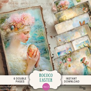 Rococo Easter Junk Journal Pages 6 Digital Scrapbook Papers Printable Baroque pastel easter eggs vintage rabbit bunny cute girl floral EARR2