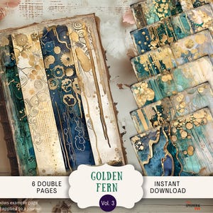 Pages de journal abstraites fougères dorées, 6 pages de scrapbooking numérique, 11 x 8,5 po. Journal imprimable Art Ephemera Lux feuille bleu sarcelle et vert forêt GOFE