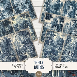 Pages de journal indésirable toile ruines, 6 pages de scrapbooking numérique, journal éphémère imprimable 11 x 8,5 po, journal d'art, toile de Jouy bleue chinoise
