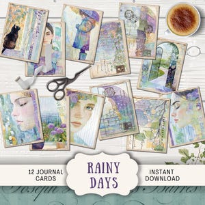 Rainy Day Junk Journal cartes 12 cartes postales numériques ATC éphémères imprimables, artisanat en papier bottes en caoutchouc vintage fantaisistes ciel pluie, parapluie PARD