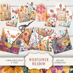 Wildflower Meadow Junk Journal kortstondige tags en enveloppen, 4 Digital Junk Journal afdrukbare Paper Craft enveloppen, 8 tags, tags wilde bloemen