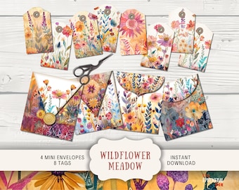 Wildflower Meadow Junk Journal Ephemera Tags and Envelopes, 4 Digital Junk Journal Printable Paper Craft envelopes, 8 tags, wild flower tags
