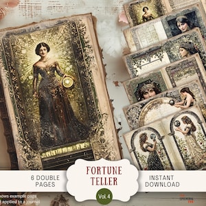 Diario de adivinos, 6 páginas, papel digital para álbum de recortes, carta de EE. UU., imprimible, bola de cristal mística, tarot celestial gitano, mágico, FTTR4