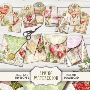 Etiquetas y sobres para diario basura de San Valentín de primavera 4 etiquetas de papel para manualidades imprimibles digitales Cartas de amor Corazones Romántico Boho LLWP