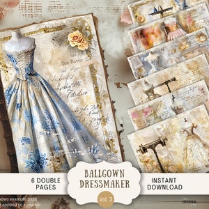 Pagine di diario di Ballgown Dressmaker Junk, 6 pagine di album di ritagli digitali 11 x 8,5" Arte stampabile Journal Ephemera, Vintage Regency Era Gown DEMA