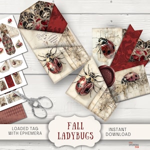 Op de afbeelding: Een verzameling ephemera en tags met een herfstthema van lieveheersbeestjes. Het ontwerp bevat rode, crème en zwarte kleuren. De afbeelding bevat illustraties van lieveheersbeestjes, decoratief papier en de tekst "Fall Ladybugs".