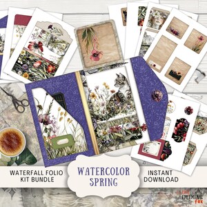Kit folio pour journal indésirable Spring Waterfall Bases numériques Mix & Match Pochette chargée Flipbook Cascade imprimable à trois volets Fleurs sauvages été WCSP