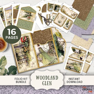 Peut inclure: Kit de scrapbooking sur le thème de la forêt, comprenant 16 pages d'éphémères et de papier à motifs. Le kit comprend des étiquettes et un ensemble de kits de folio. La palette de couleurs comprend des verts, des bruns et des beiges.