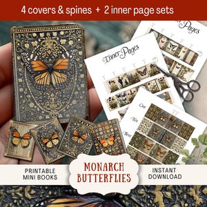 May include: An assortment of printable mini books featuring monarch butterflies. The image shows a miniature book, several small square covers, and printed pages with butterfly illustrations. The text on the image reads "Monarch Butterflies" and "Instant Download."