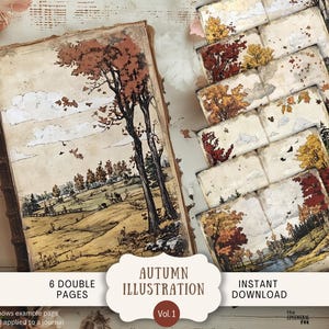 May include: Six double-page illustrations of autumn scenes with trees, fields, and clouds. The illustrations are in a vintage style with a faded, aged look. The text "Autumn Illustration Vol. 1" is at the bottom of the image.