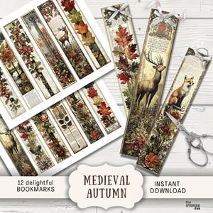 May include: A collection of 12 delightful bookmarks with a medieval autumn theme. The bookmarks feature illustrations of deer, foxes, and autumn foliage. The design includes the text "Medieval Autumn" and "Instant Download".