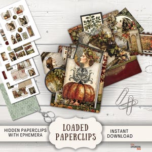 Könnte beinhalten: Eine Sammlung von Papier-Ephemera im Vintage-Stil, darunter Büroklammern, Etiketten und dekorative Elemente. Die Designs zeigen Bilder von Kürbissen, Porträts und botanischen Illustrationen. Die Worte "LOADED PAPERCLIPS" sind sichtbar.
