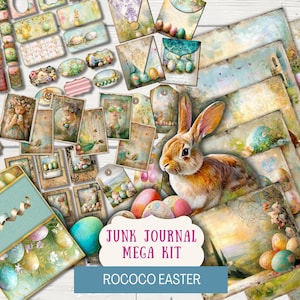 May include: A digital scrapbooking kit with a Rococo Easter theme. The kit includes images of eggs, bunnies, flowers, and other spring-themed elements. The kit also includes a variety of papers, tags, and embellishments. Junk Journal Mega Kit - Rococo Easter.