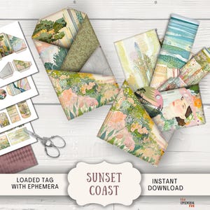 Pode incluir: Uma coleção de efêmeras de papel com o tema da costa ao pôr do sol. A imagem inclui elementos de papel dobrados, etiquetas e círculos decorativos com ilustrações em aquarela. As palavras "Sunset Coast" e "Instant Download" são visíveis.