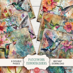 May include: Six double-page digital scrapbook papers featuring watercolor illustrations of hummingbirds and flowers. The papers have a vintage, distressed look with text and patterns.