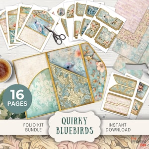 Insolite folio pour journal indésirable Bluebirds, 16 pages numériques et pochettes, impression numérique rococo pastel à trois volets, 11 x 8,5 po.