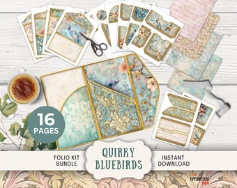 May include: A digital scrapbooking kit with 16 pages featuring a whimsical bluebird theme. The kit includes a variety of decorative elements, such as floral patterns, gold accents, and bluebirds. The kit is perfect for creating unique and personalised scrapbook pages.
