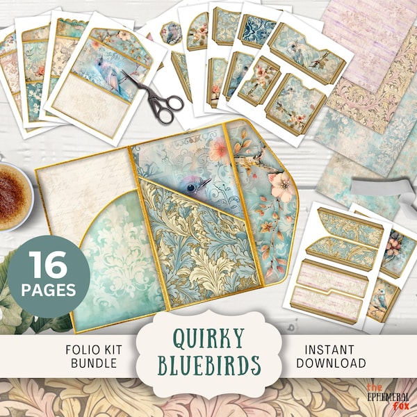 Dziennik Quirky Bluebirds Junk, folio, 16 cyfrowych stron do mieszania i dopasowywania oraz kieszonki, 11 x 8,5 cala, materiały do druku cyfrowego, pastelowe, trójskładane etui w stylu rokoko