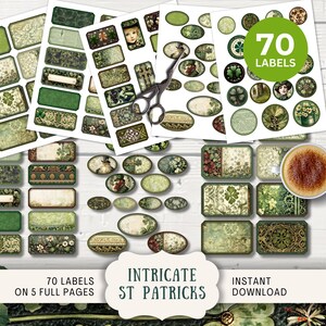 St Patricks Dennison-style Labels Junk Journal Printable US Letter Sheet, Digital Collage Vintage Ephemera Collage Klee Lucky Label SPIP