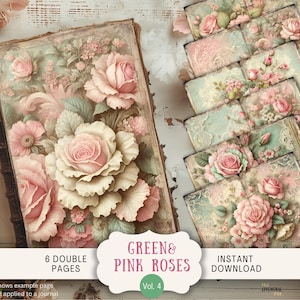 Mint Englisch Vintage Rosen Junk Journal Seiten 6 Digitale Papiere 11 x 8,5" Art Printable Grün und Rosa Shabby Chic Blumen MIGR