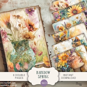 Regenbogen Frühling Junk Journal Seiten 6 Digitales Scrapbook Papier 11 x 8,5" Art Printable Gold Skurril Blumen Floral Pastell Bunt Rosa RBSP