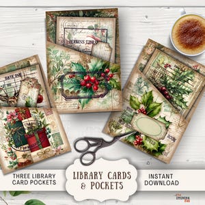 Kerstbrieven bibliotheekkaart zakken afdrukbare ongewenste tijdschrift kortstondige vintage bibliothecaris boeken academia vintage gezellige hulst gebladerte CHLT