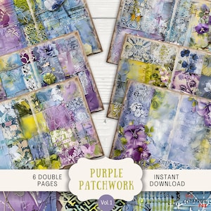 Lila lapptäcke-skräpjournalsidor, 6 digitala scrapbooksidor, 28 x 21 cm utskrivbara journalblad med ephemeramotiv, lila och gröna vintage-lapptäcken