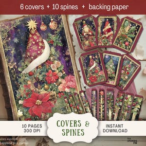 May include: A Christmas-themed journal kit with a decorated tree on the cover, along with matching spines and tags. The kit includes 6 covers, 10 spines, and backing paper. The image also shows the text "COVERS & SPINES" and "INSTANT DOWNLOAD".