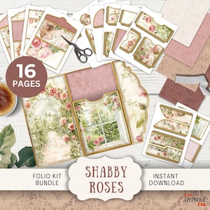 May include: A selection of scrapbook paper and ephemera with a floral and vintage theme. The kit includes various paper pieces, pockets, and tags with rose and garden imagery. The words "Shabby Roses", "Folio Kit Bundle", and "16 Pages" are visible.